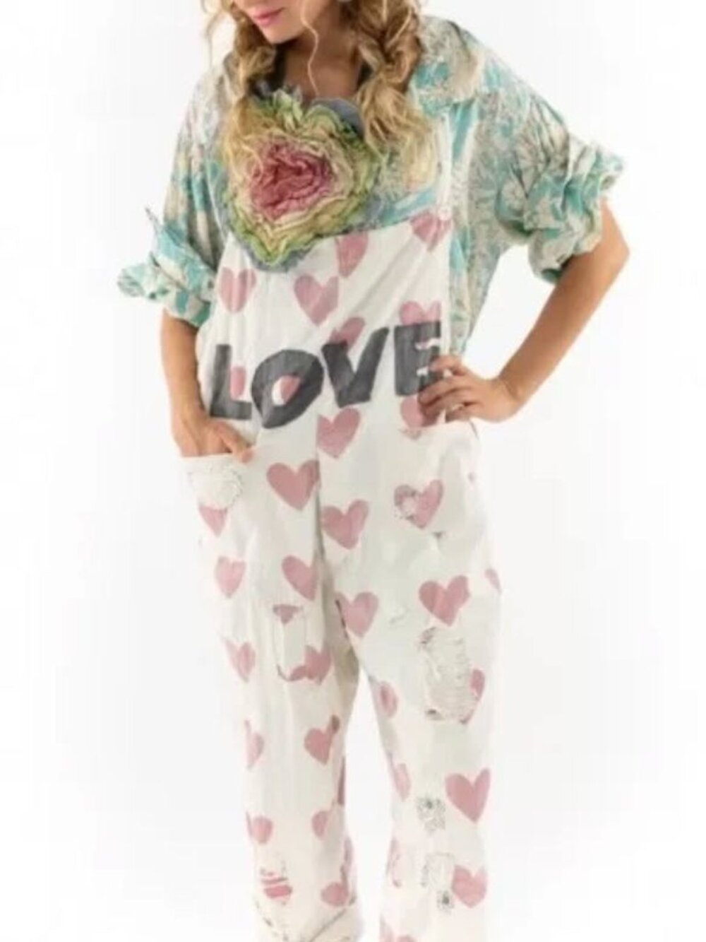 Magnolia Pearl New Love Applique Cosmo Overalls Distressed Crush One Size